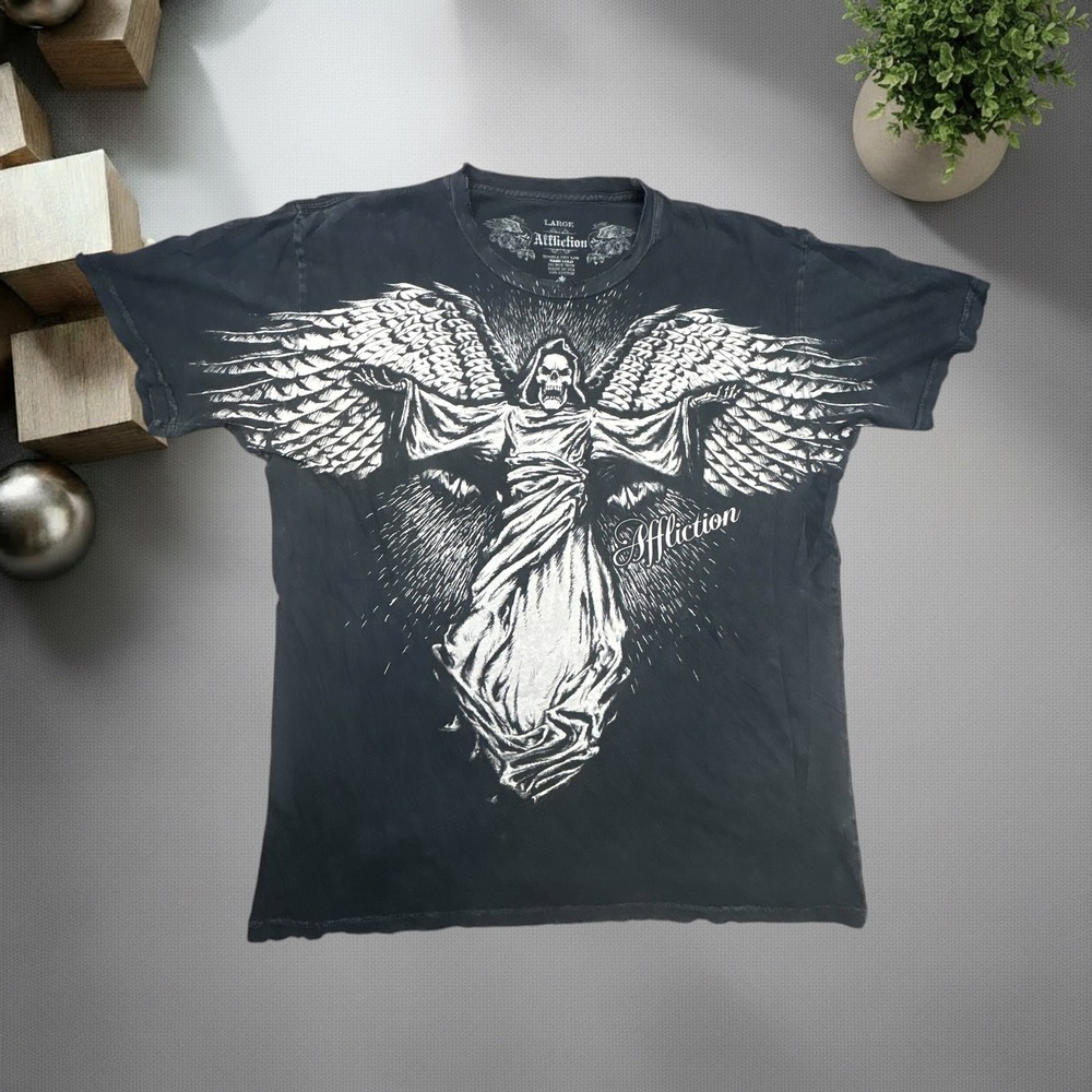 Affliction T Shirt Mens Large Black Angel Grim Reaper Graphic Y2K Boxy Fit